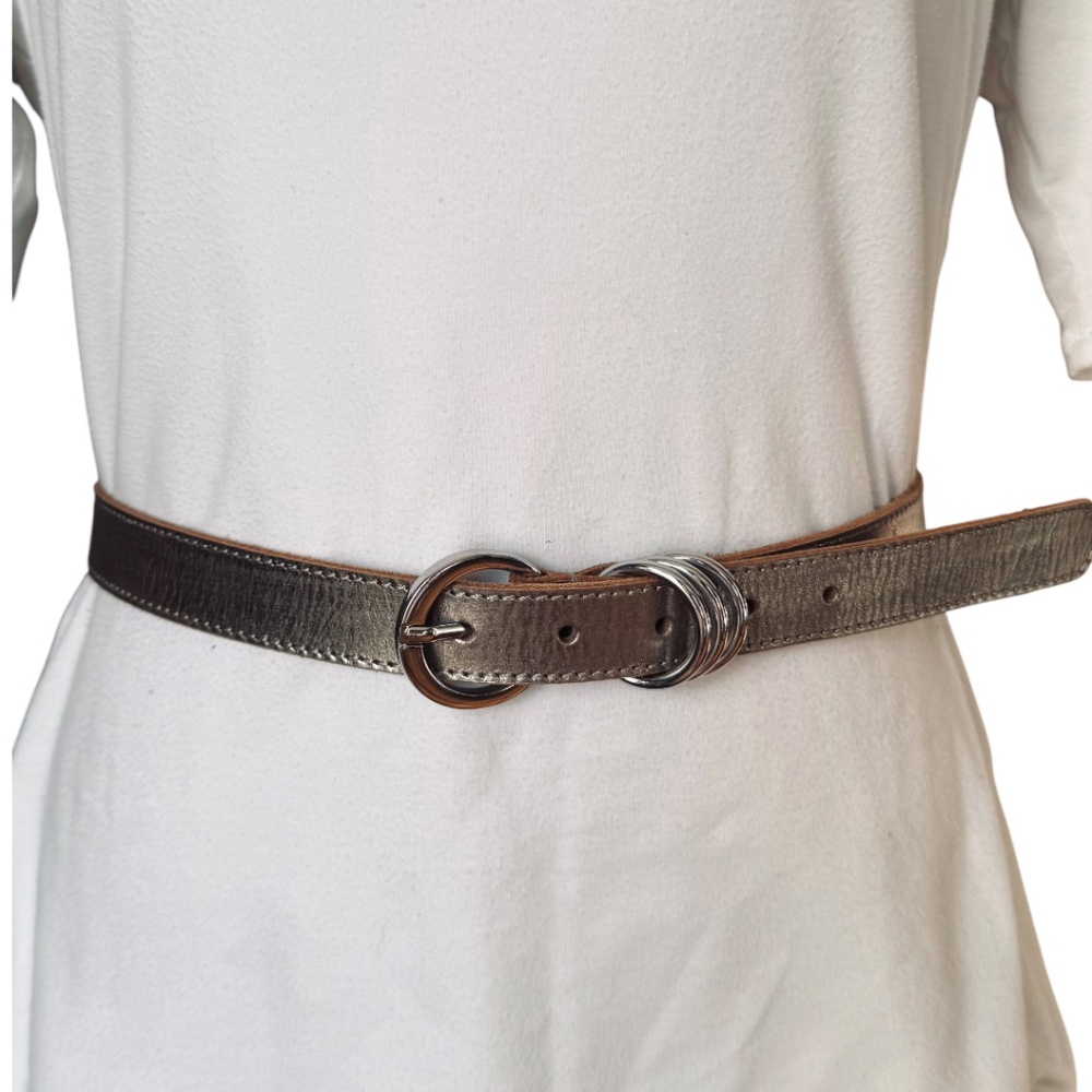 Kenneth Cole Reaction Metallic Genuine Leather Belt Silver Buckle